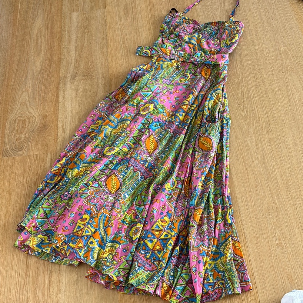 Pink and Green Pleated Wrap Maxi Sundress